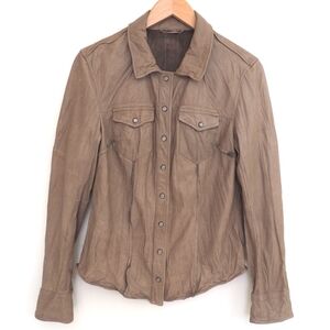 All Saints Lorrimer Leather Shirt Jacket UK 12 Taupe Light Brown Moto Pearl Snap